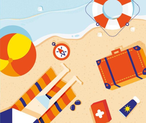 Grafika piłki, walizki, koła ratunkowego, kompasu i apteczki na tle plaży