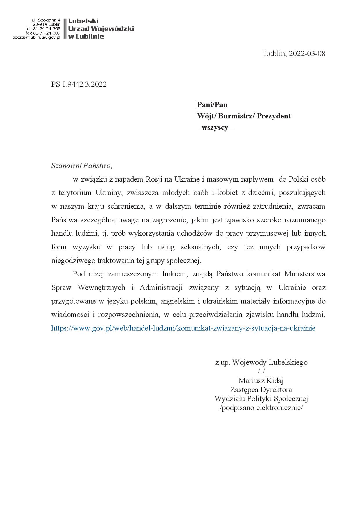 Pismo z Lubelskiego Urzędu Wojewódzkiego dot. przeciwdziałania zjawisku handlu ludźmi wśród uchodźców z Ukrainy