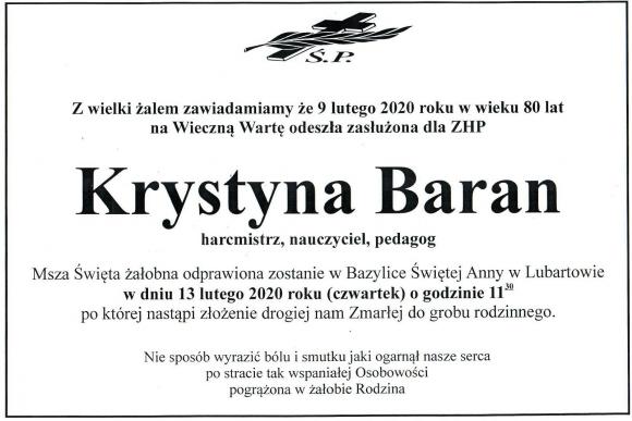 Zmarła zasłużona dla ZHP Pani Krystyna Baran - harcmistrz, nauczyciel, pedagog